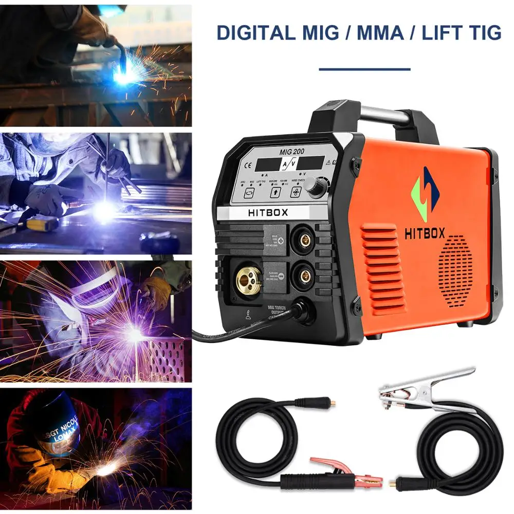 HITBOX Mig сварочный аппарат TIG ARC нержавеющая сталь из углеродистой стали, газовая сварочная машина без газа MIG200 Solid/Flux Core сварочный аппарат 220V