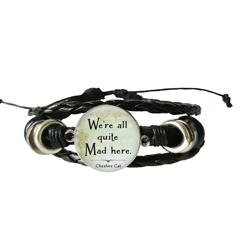 

Glass Leather bracelet Cheshire Quote Alice in Wonderland Handmade bracelet Glass Convex Jewelry we're all mad here