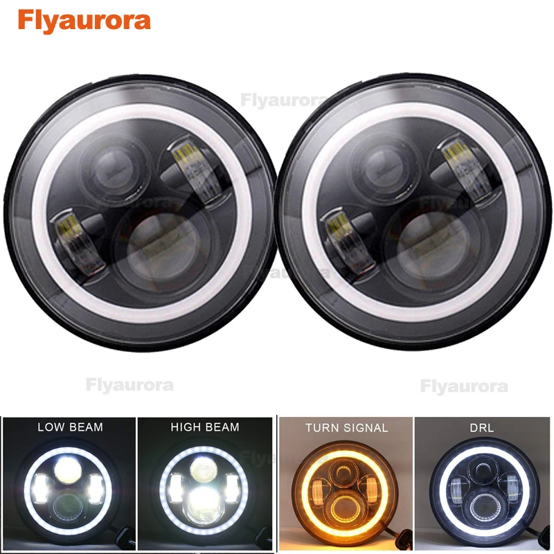 Flyaurora 7inch LED Headlight DRL Angle Eye Hi Low Turn Signal Driving Light Led Headlamp 12V for Jeep Wrangler Lada Niva | Автомобили и