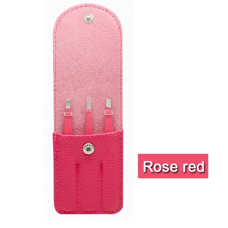 rose red 3 шт./компл. пинцет для бровей из нержавеющей стали уход за кожей лица удаления волос ресницы, триммер для стрижки волос набор инструментов для макияжа с кожаный чехол - Цвет: rose red