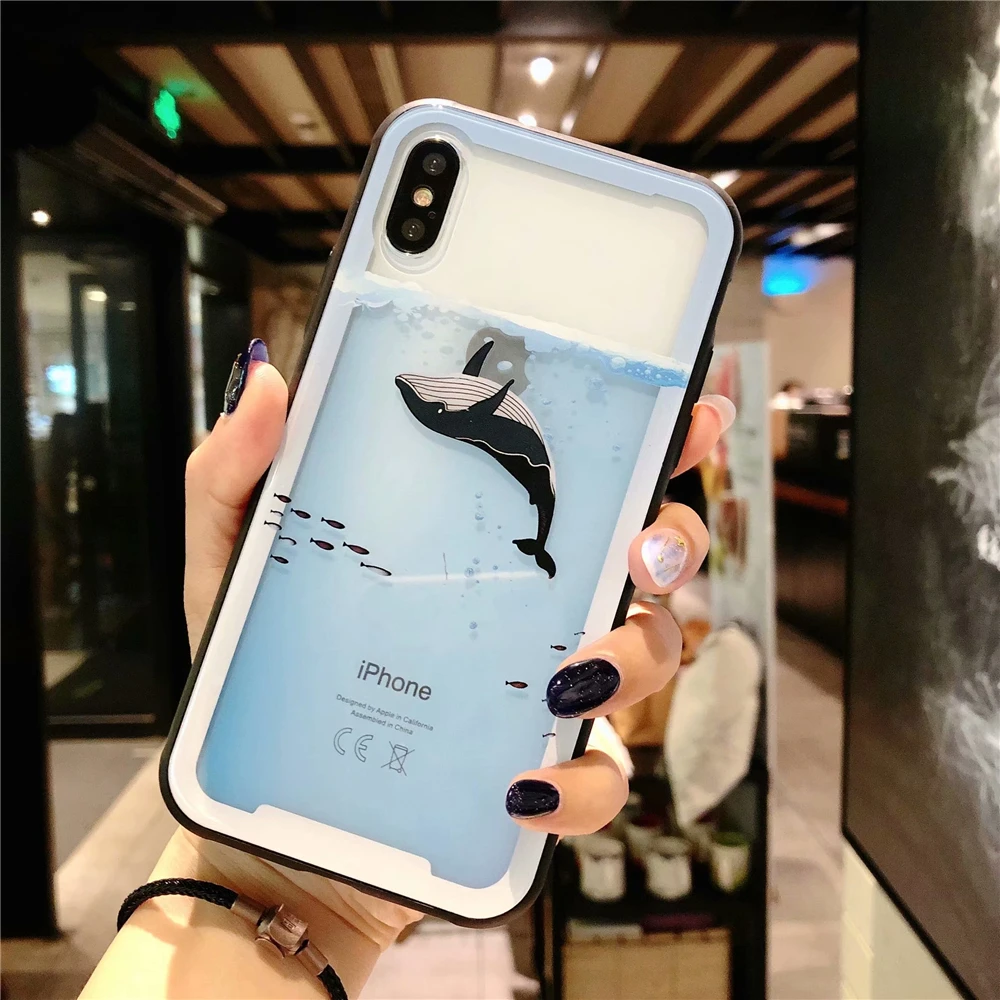Cases For Iphone 7 Sea Whale Dolphin Phone iphone 6s 8 Plus X fashion Soft Edges Transparent Tempered Glass Cover Capa |