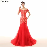janevini elegant red lace mermaid bridesmaid dresses off the shoulder beading backless tulle sweep train dubai arabic prom gowns