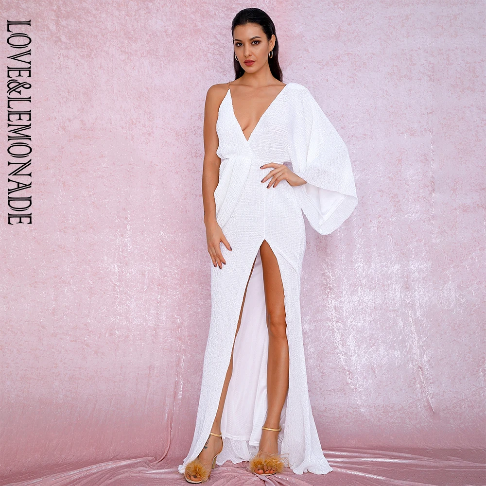 Женское платье макси LOVE & LEMONADE белое вечернее с v образным вырезом и одним рукавом