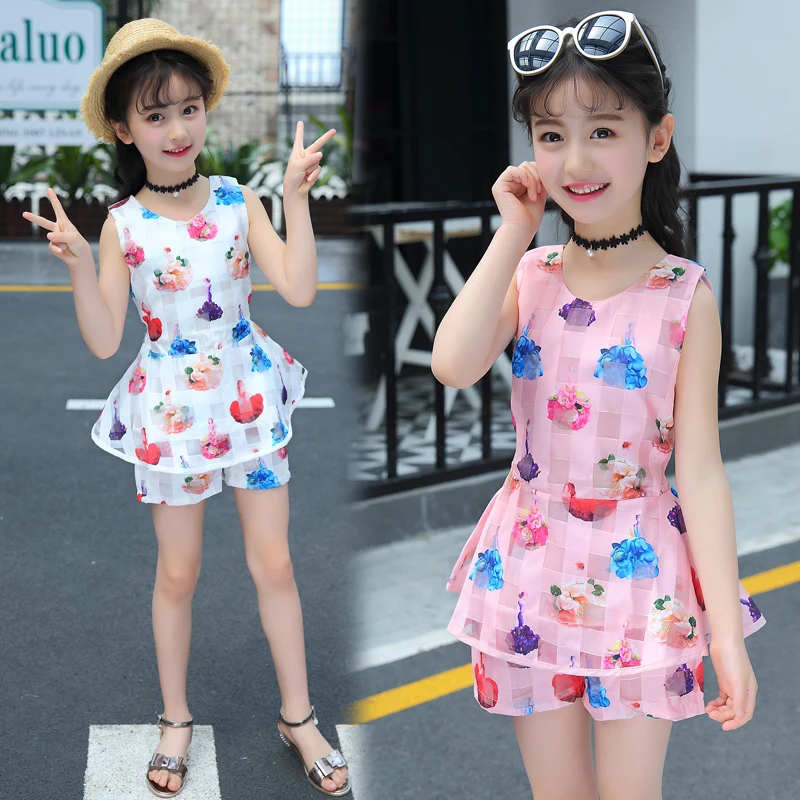 Летняя детская одежда Топ без рукавов + Шорты 2 шт. комплекты одежды для девочек