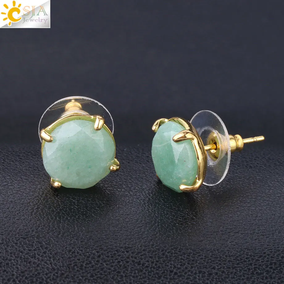 Green Aventurine CSJA, серьги-гвоздики из натурального камня, круглый розовый кристаллический кварц, драгоценный камень, бусины золотого цвета, простые серьги для женщин, девушек, очаровательные ювелирные изделия F693 - Окраска металла: Green Aventurine