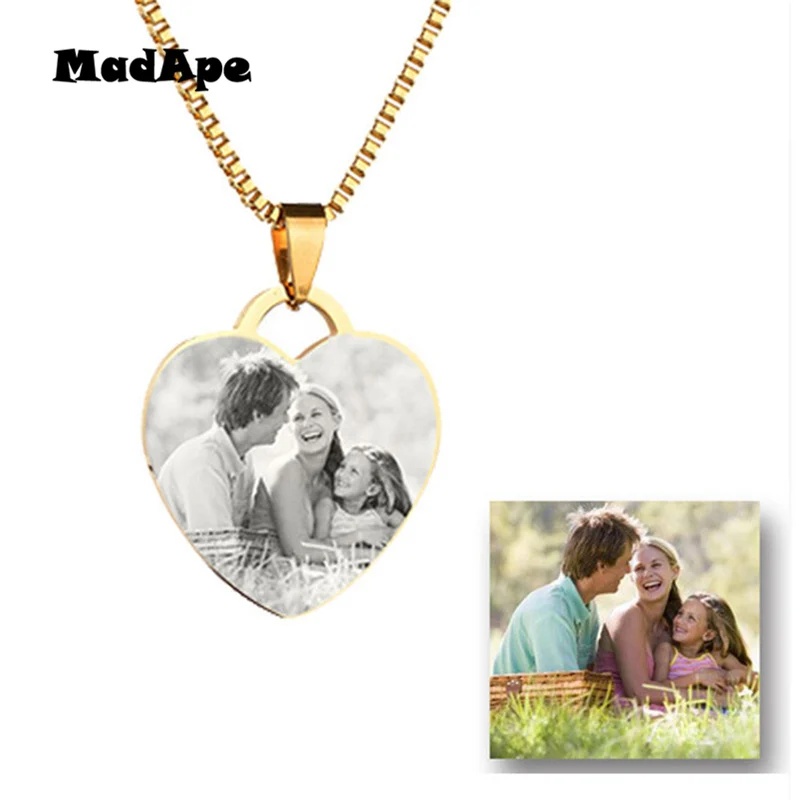 MadApe Custom нержавеющая стальное ожерелье гравировка фото слова имя сердце кулон