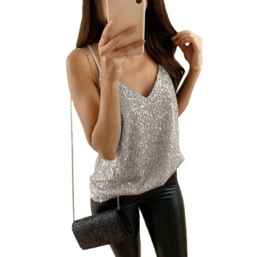 Silver Women Sexy Tank Top Sequin Undershirt Shirt Blouse Streetwear Fashion Top Torridity Tank Tops Clothing - Color: Silver