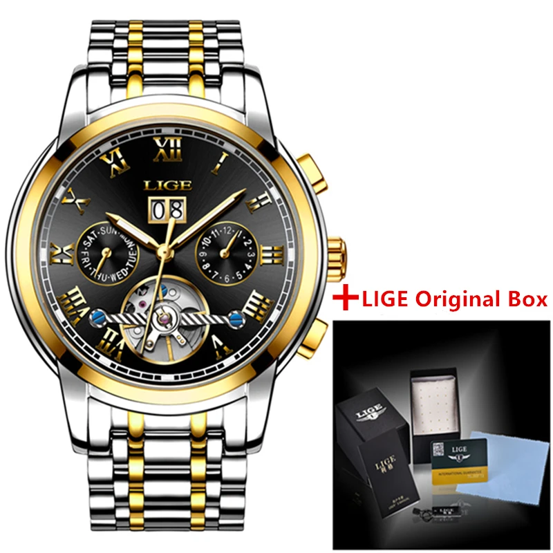 LIGE мужские часы лучший бренд класса люкс автоматические механические полностью