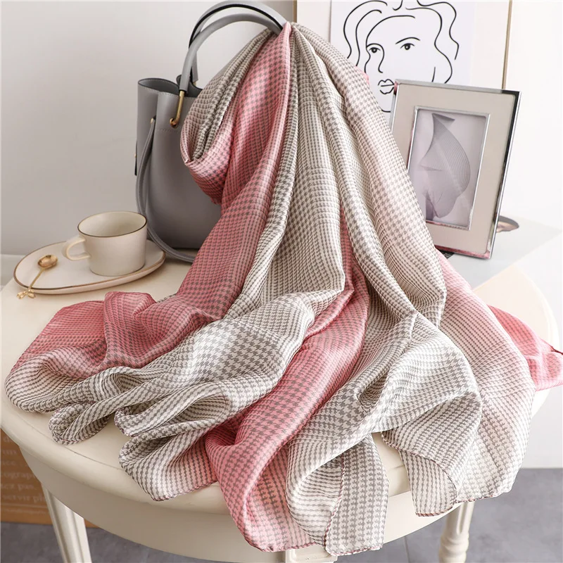 Women Silk scarf Beach Shawl Echarpe Luxurious Wrap Designer scarves female Houndstooth panshmina beach stole bandana | Аксессуары для