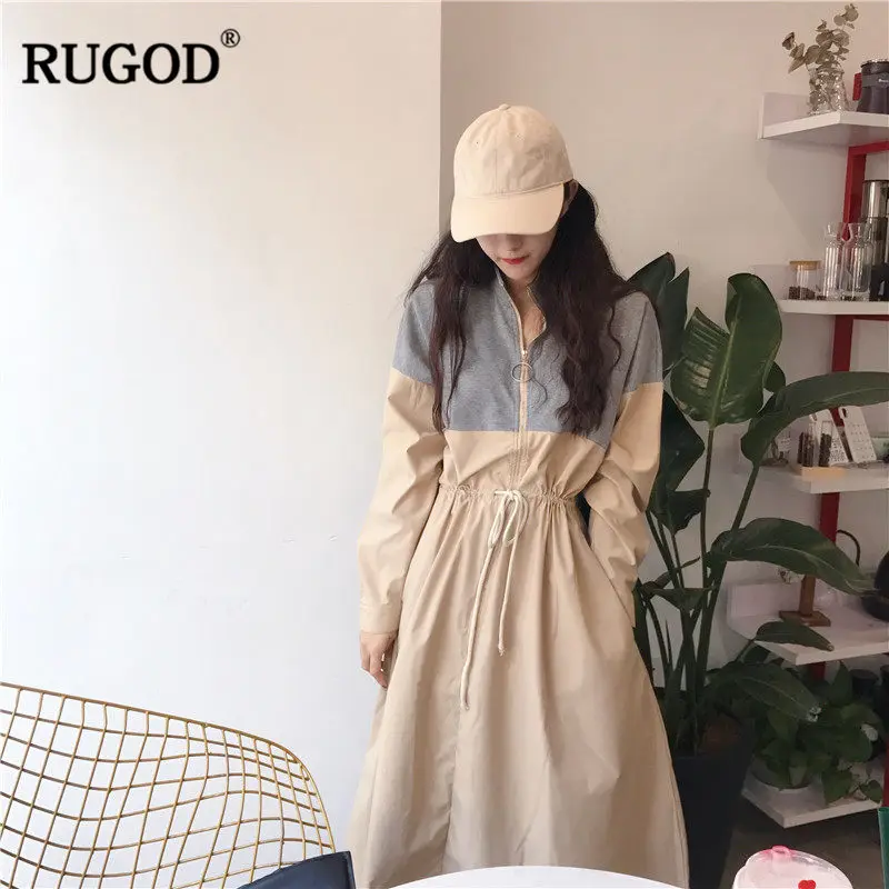 RUGOD осеннее платье женское миди однотонное со стоячим воротником 2019 модная