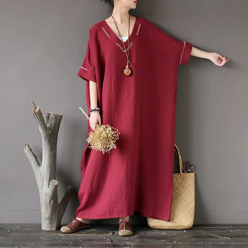 Женское длинное платье с вышивкой и v образным вырезом винтажное свободное