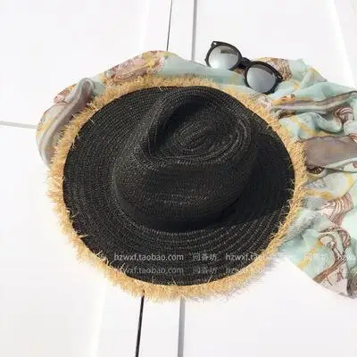 Black Новинка, женские соломенные шляпы с натуральными широкими полями, рафия, бахрома, Женские Простые большие пляжные летние солнцезащитные кепки, большие соломенные кепки - Цвет: Black