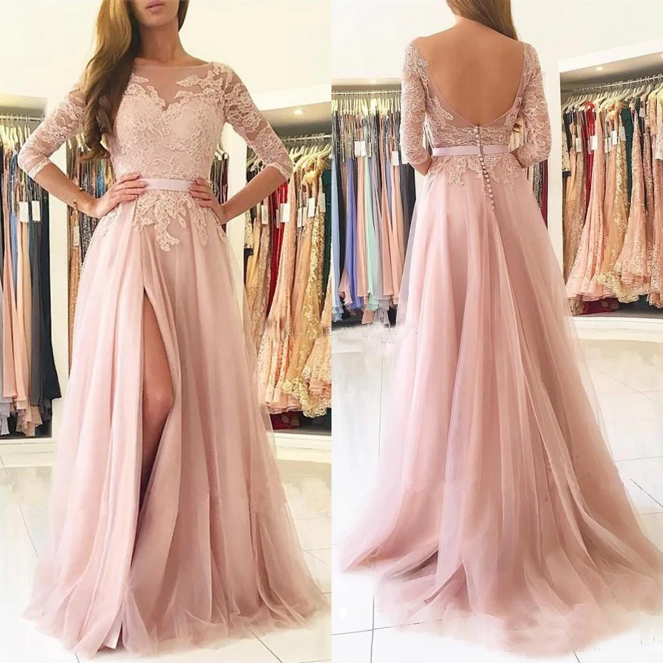 

arabic evening dress designers 3/4 Sleeves Lace And Tulle Pink Sash Backless See-Through Sexy Evening Dress Formal Party Gown