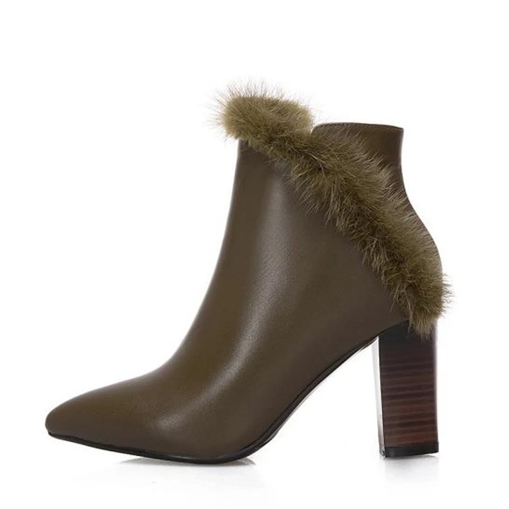 Women's leather boots high-heeled solid-colored mink hair-coat cow new fashion leather-raising shoes in autumn | Обувь