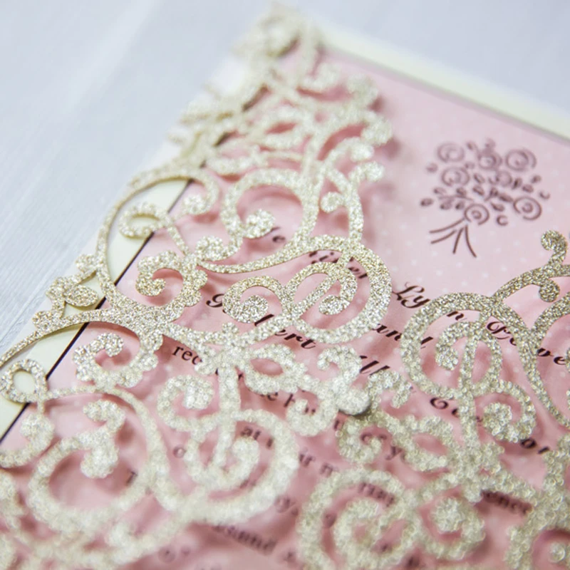 

Gold Laser Cut Wedding Invitations Glittery Invitation Cards Customized Invitation for Wedding - Set of 50
