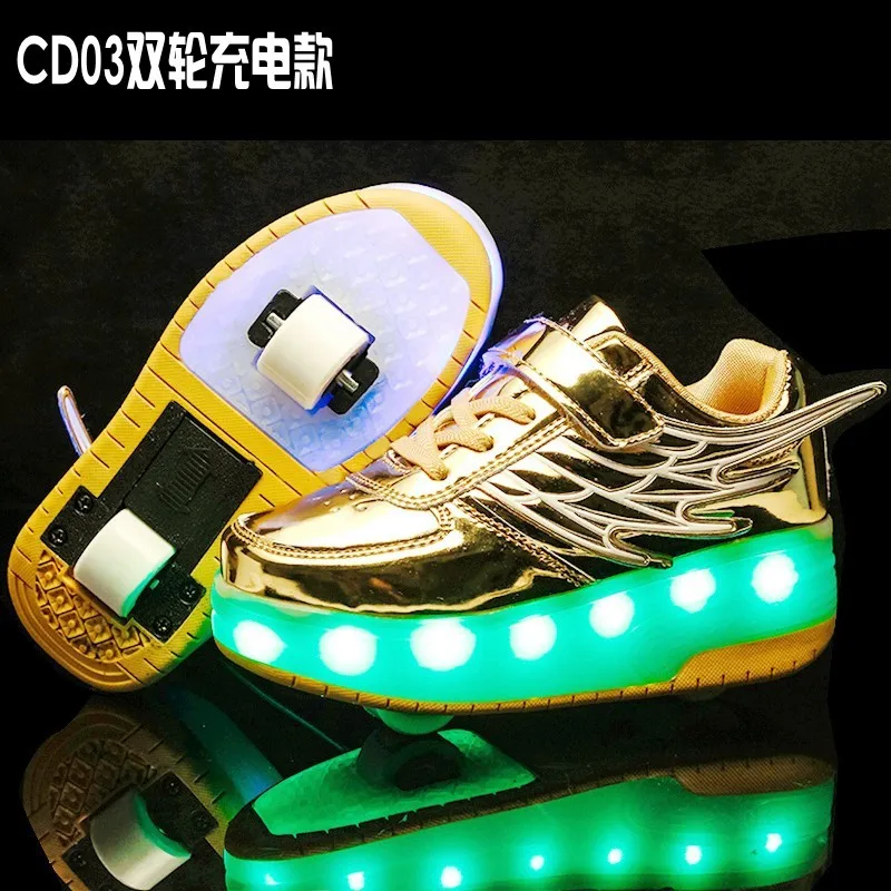 USB GOLDEN Серебристые светящиеся кроссовки с двумя колесами, зарядка от usb, светодиодный светильник, обувь для катания на роликах для детей, детская обувь, обувь для мальчиков и девочек, светильник - Цвет: USB GOLDEN