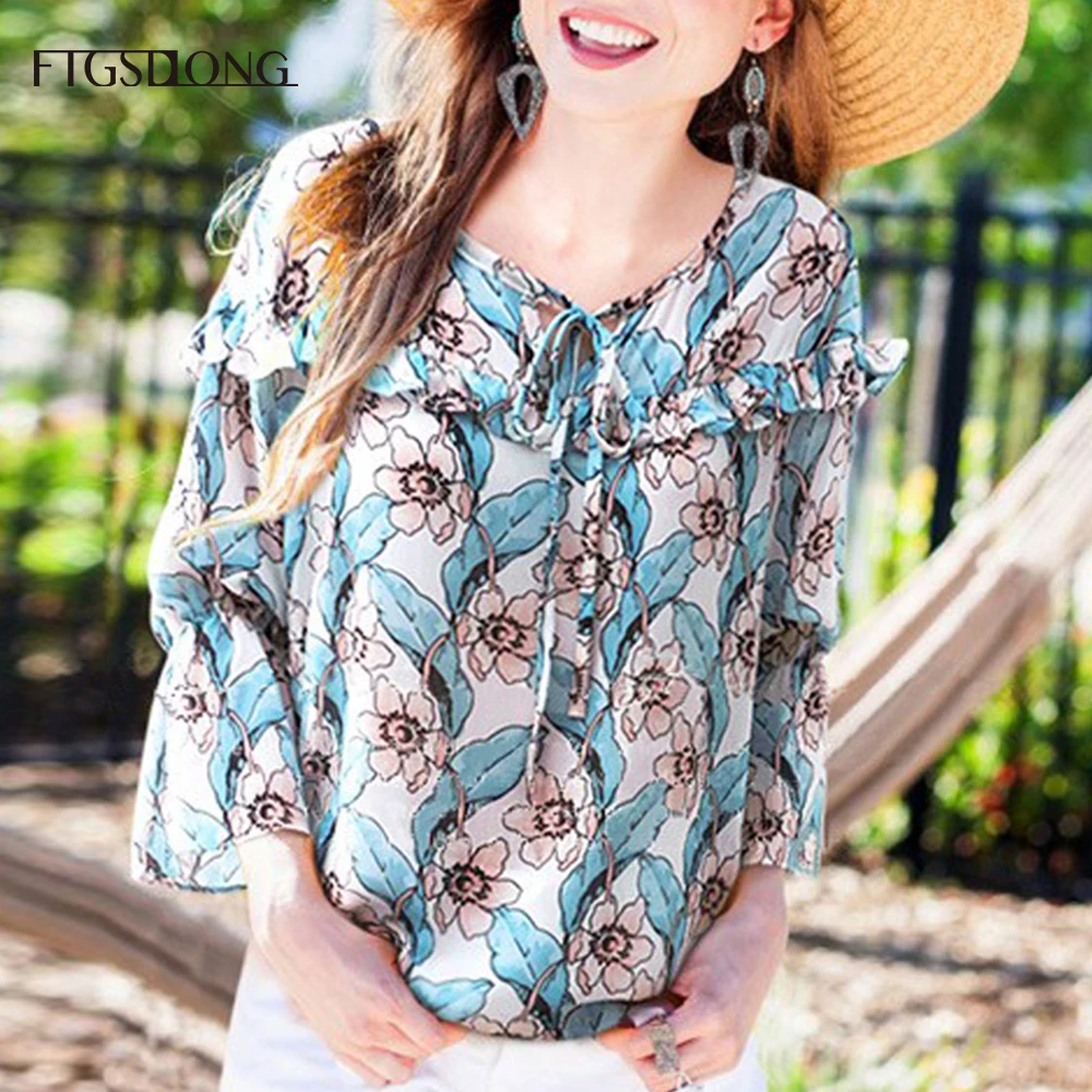 Женские шифоновые блузки с круглым вырезом FTGSDLONG винтажные оборками и цветочным