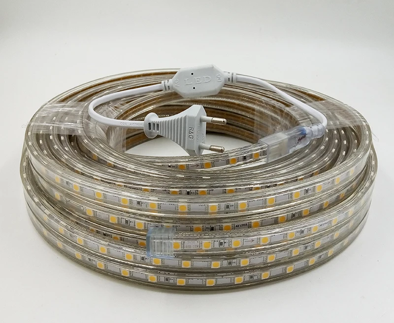 SMD 5050 AC 220V Светодиодная лента водонепроницаемый светильник 5 м 6 м 7 м 8 м 9 м 10 м 15 м 20 м Светодиодная лента 60 светодиодов/м гибкий светодиодный светильник s+ разъем питания
