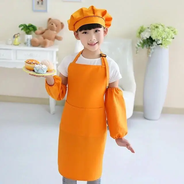 orange Детский Полиэстер Фартук живопись фартук дети кухонный фартук набор шеф повара шляпа может напечатать логотип - Цвет: orange