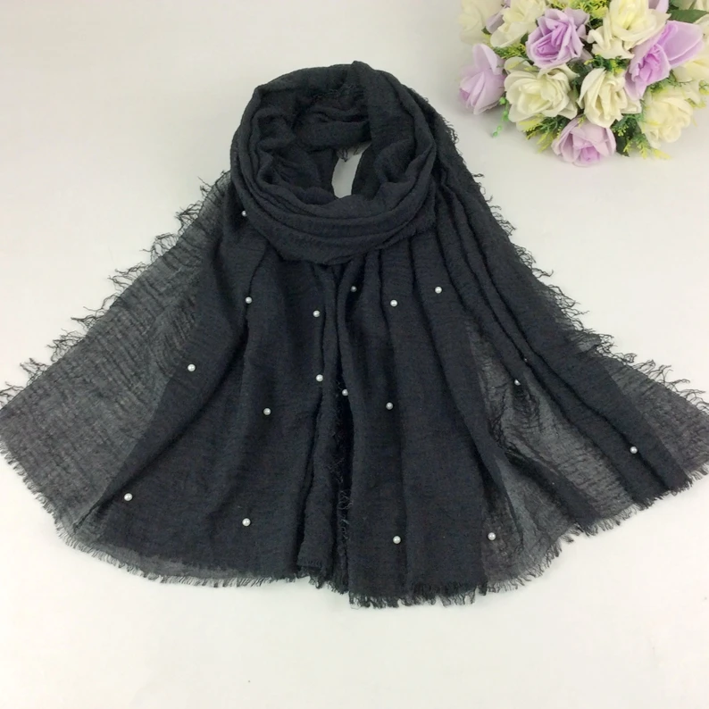 Жемчужины морщинки простые обертывание пузырчатая вискоза длинные бахромы шарф