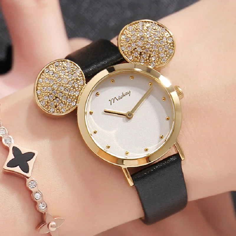 New Disney Watch Women Cute Mickey Mouse Gold Girls Watches Fashion Casual Rhinestone Waterproof Leather Luxury Hot
