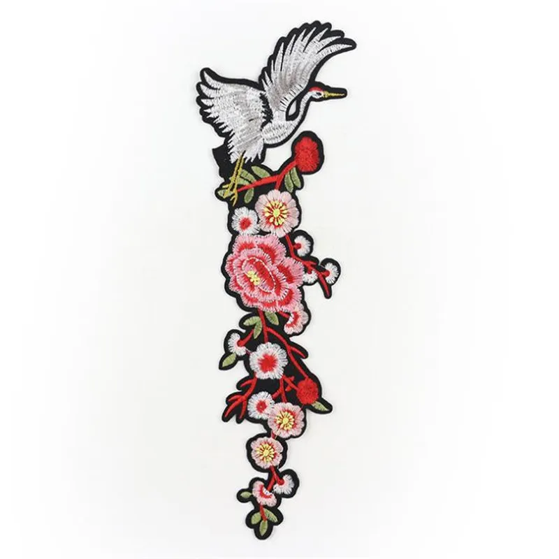Flowers Crane 32CM Iron On Patches For Clothing Fabric Applique Embroidered Stickers Clothes Patch Diy Apparel Accessories | Дом и сад
