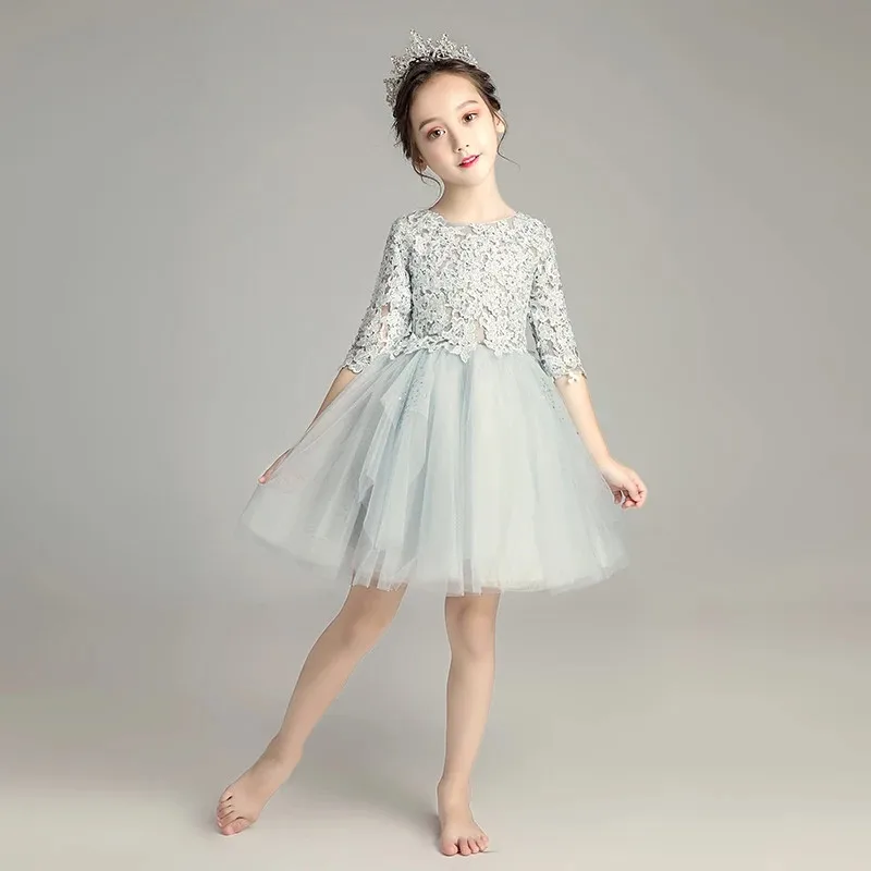

2018 Autumn New Children Girls Luxury Princess Lace Dress For Birthday Party Kids Teens Evening Party Dress Half Sleeves Dress