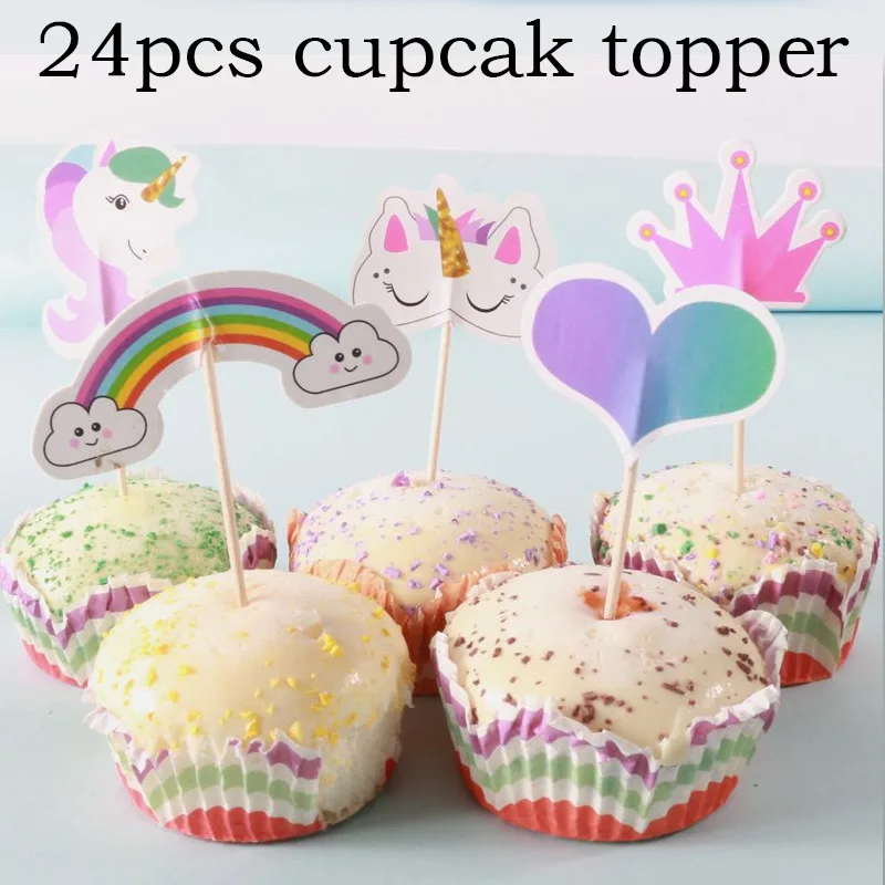 24pcs cupcake topper Розовый Единорог вечерние украшения для девочек на день рождения латексные шары Единорог посуда бумажная шляпа салфетки тарелка скатерть с днем рождения подарок - Цвет: 24pcs cupcake topper