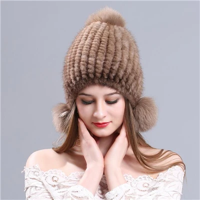 Light Brown IANLAN модные зимние однотонные вязаные шапки-бомберы из натурального меха, женские шапки из меха норки, меховые наушники из лисьего меха, женские шапки с ушками IL00038 - Цвет: Light Brown