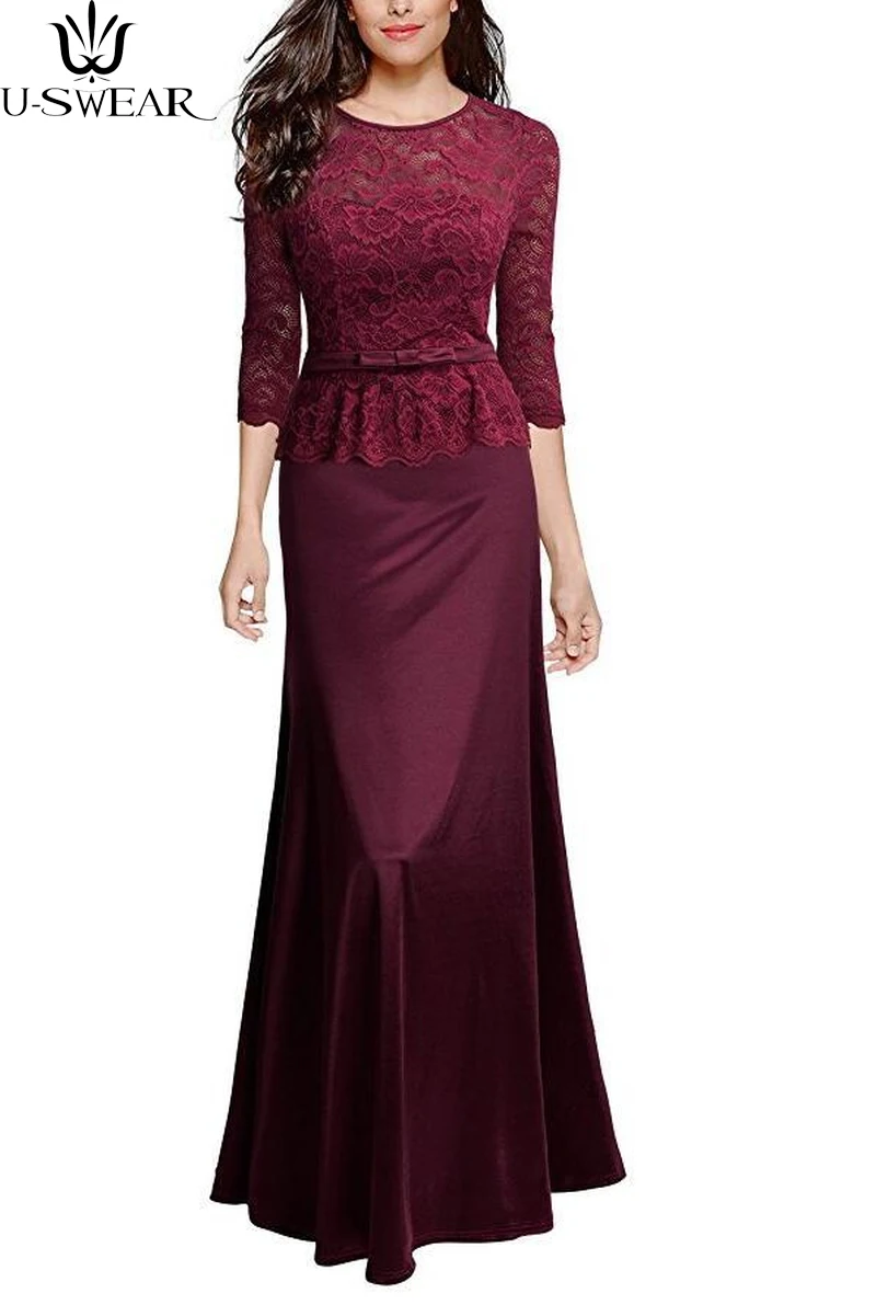 

U-SWEAR new high-end women's round neck sleeves lace dress bridesmaid wedding party dinner dress embroidery dress