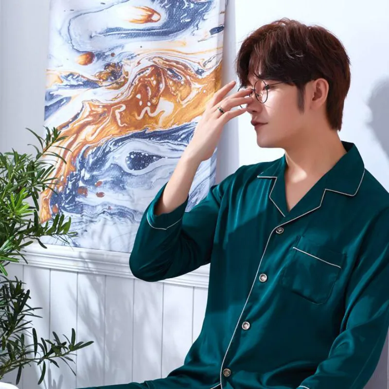 

Men's Silk Homewear Long Sleeve Sleepwear Adult 2 Pcs Set Nightwear Male Satin Homewear Plus Size Students Leisure Clothes J001