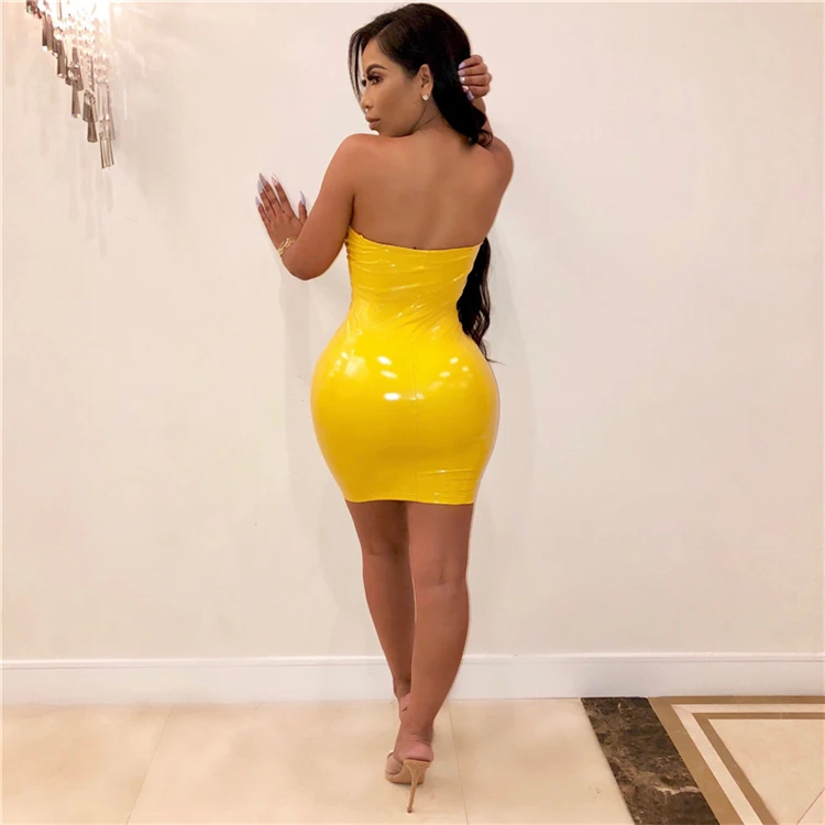 Adogirl Solid Yellow PU Leather Dress Women Sexy Strapless Zipper Side Slit Sheath Mini Club Party Dress Stretchy Curve Dresses