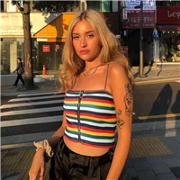 Cute Rainbow Stripes Printed Sexy Women Crop Tops Zipper Harajuku Camis Tops Backless Summer Tops Hot Holiday Cuteandpsycho
