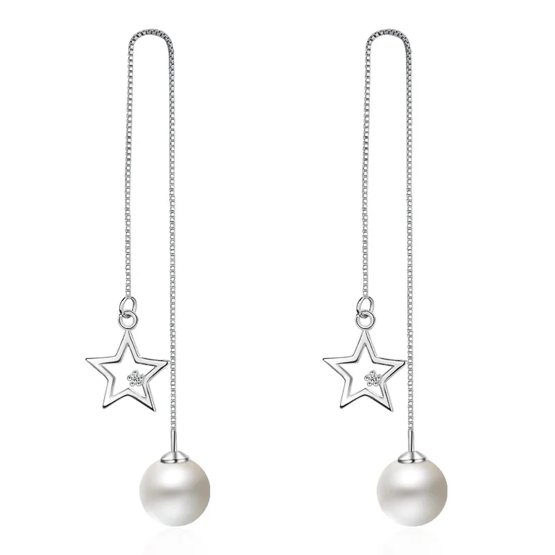 

Top Quality 2017 New Fashion Star Design Pearl 925 Sterling Silver long Drop Earrings for Women Girls Jewelry Gift Wholesale