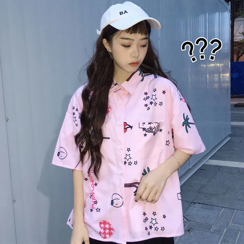 2018 летние женские Топы Harajuku милые рубашки ulzzang с милым принтом короткий рукав