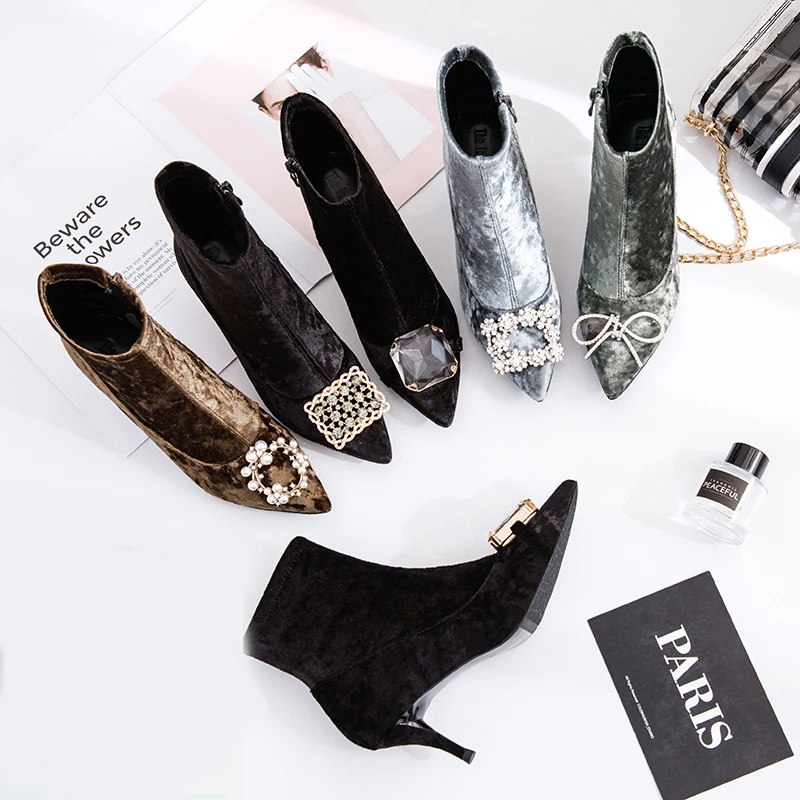 Kmeioo zapatos de mujer женские ботинки Зимние ботильоны на высоком каблуке с кристаллами |