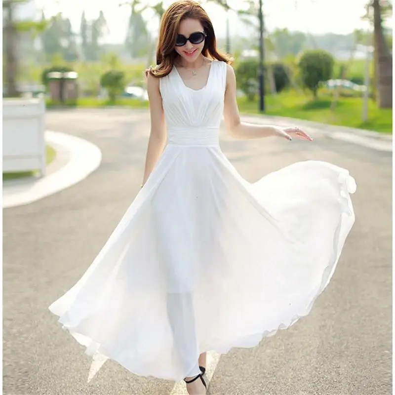 White Розовое женское платье Vestidos, повседневное шифоновое длинное платье макси, элегантное пляжное вечернее платье большого размера, белая женская одежда Boho Q1120 - Цвет: White