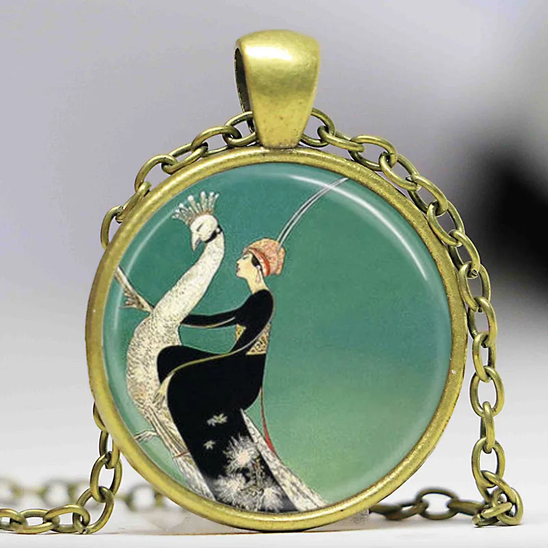 Art Deco Jewelry Woman on White Peacock Green Necklace Pendant | Украшения и аксессуары