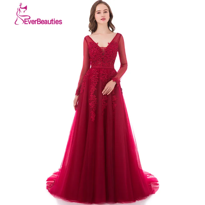 

Wine Red Evening Dress Long 2020 Tulle with Lace Appliqued Long Sleeves Elegant V Neck Robe De Soiree Abiye Sexy Backless