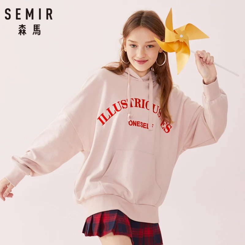 SEMIR Женская вышитая Толстовка с капюшоном опущенным плечом пуловер ребристыми