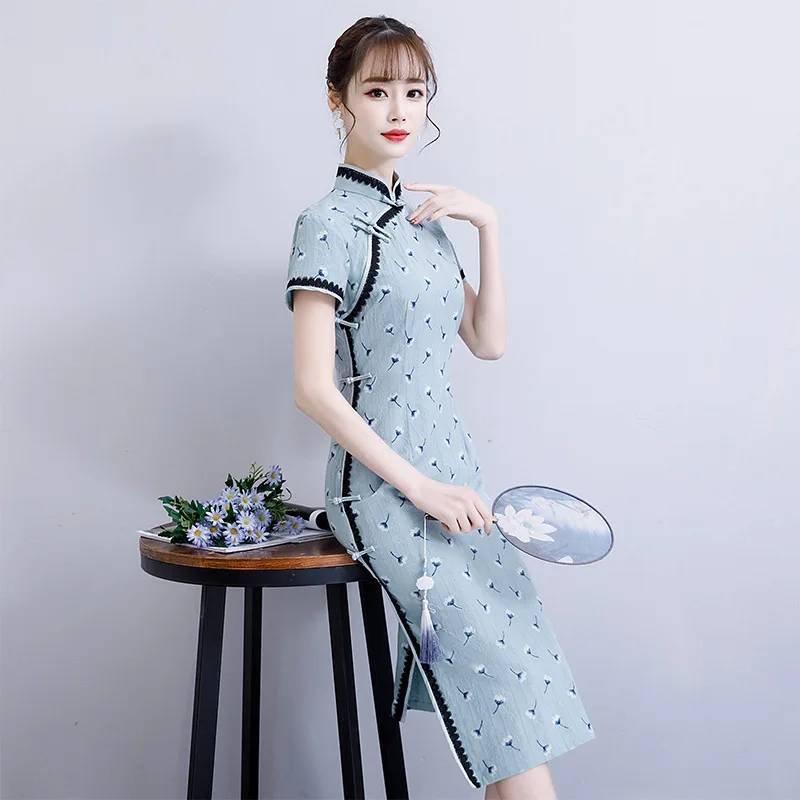 2019 женские летние короткие Cheongsam модная обувь в китайском стиле Платье до колен