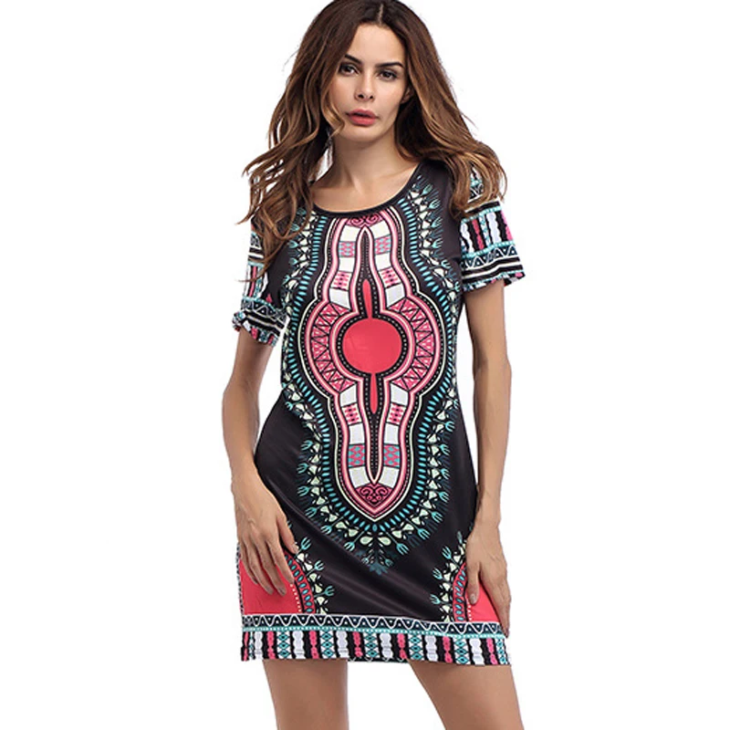 2017 летние винтажные инди-фолк-принтом мини-платье Boho Дамы О-образным вырезом с