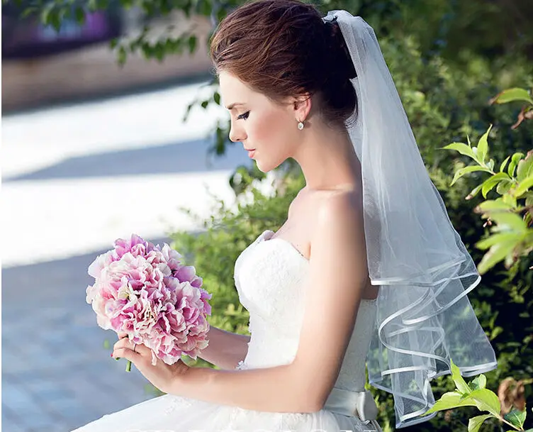 2015 горячая распродажа два слоя короткие тюль ленты щиты фату свадебные