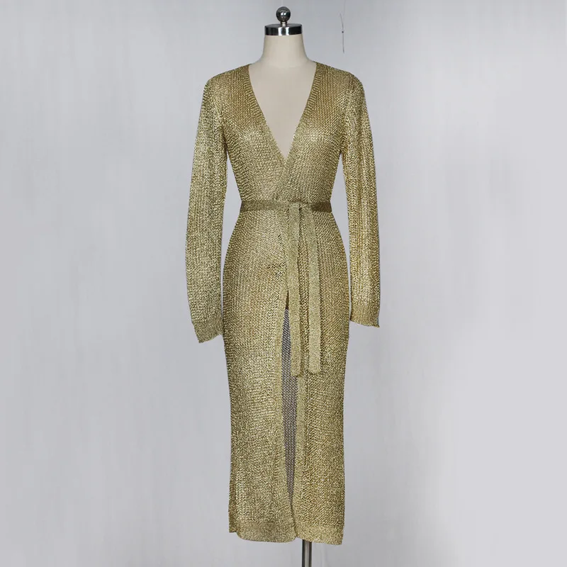 ANJAMANOR Gold Sexy Cardigan Long Coat with Belt 2019 Fall Winter High Quality Woman Wrap Knitted Sweater Outwear D48-BC11 |