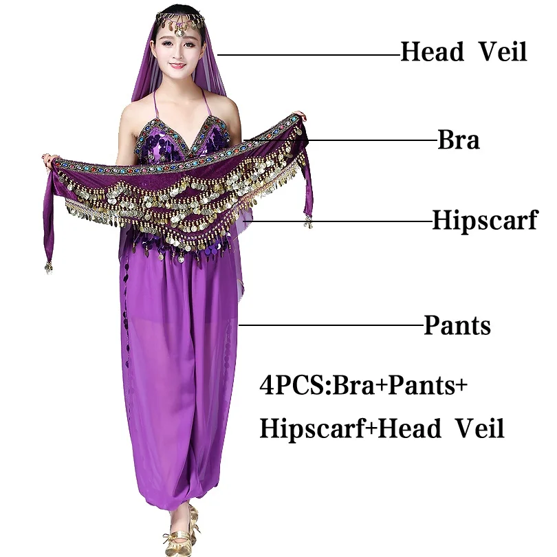 Purple 4pcs Женский Восточный танцевальный костюм с блестками Индийский танец живота Костюмы Болливуд Хэллоуин шифон 10 цветов - Цвет: Purple 4pcs