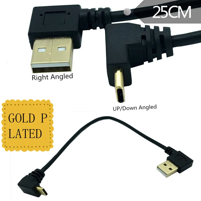 

Left right Angled 90 Degree Gold-plated USB3.1 type-c USB Male to USB maleLeft Data Charge connector Cable 25cm for Tablet phone