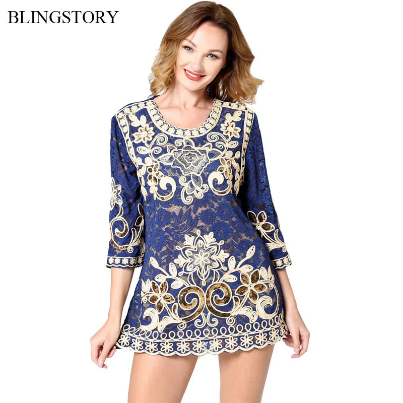 Блузка BLINGSTORY Женская винтажная рубашка с вышивкой и блестками длинный кружевной