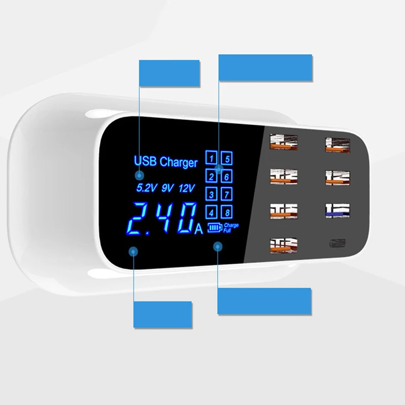 8 портов 40W USB зарядное устройство с ЖК-дисплеем QC3.0 + Type-C USB-C 5V 3A 9V 2A 12V 1.5A зарядная