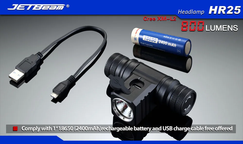 Новинка Jetbeam HR25 налобный фонарь Cree XM-L2 800 люмен 18650 фара+ 1 шт. Jetbeam 2400 мАч 18650 батарея