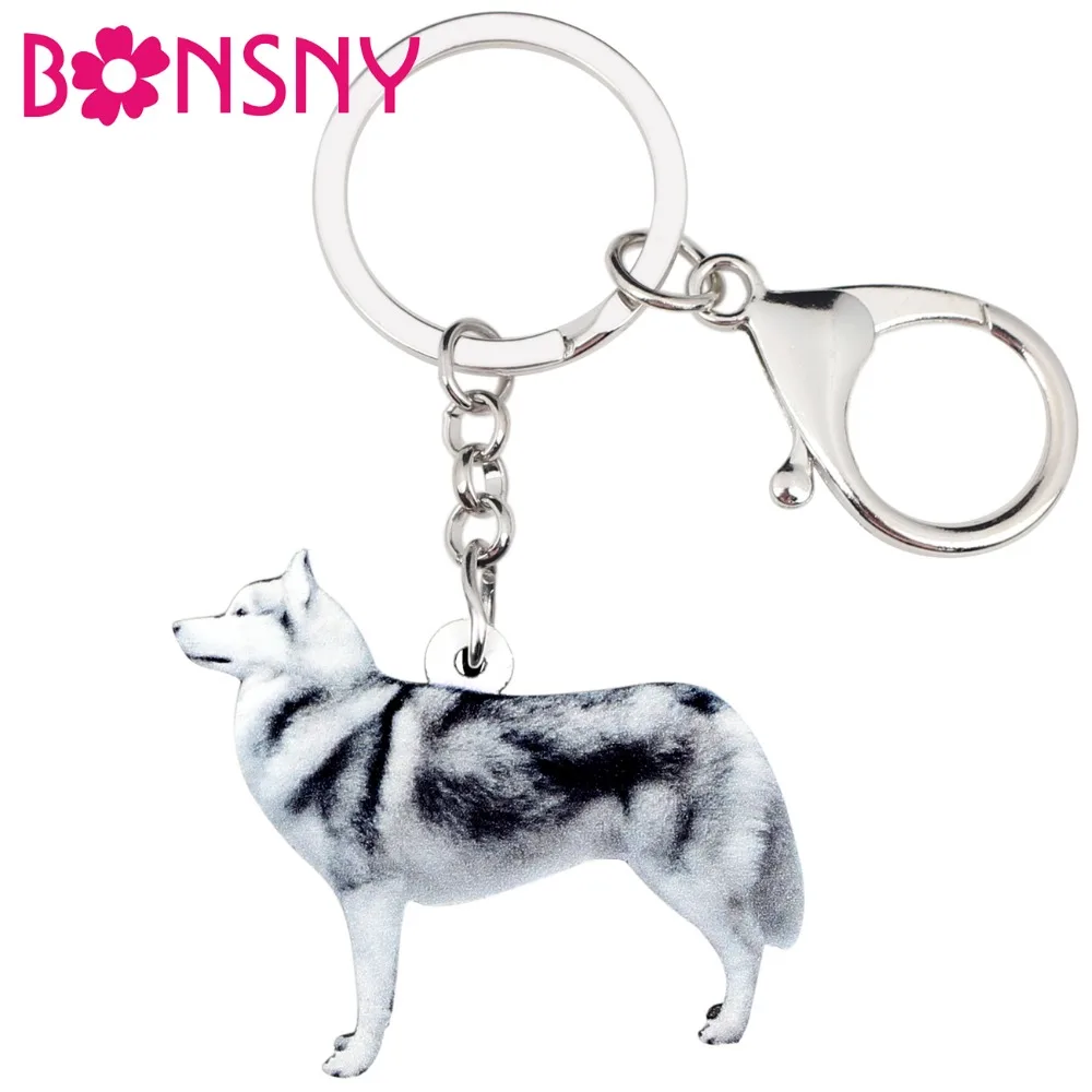 Bonsny акрил стоящая сибирская хаски собака брелок для ключей кольца ювелирные